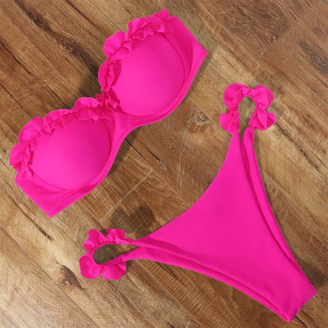 Ashley Sexy Brazilian Bandeau Push-up Bikini  Sunset and Swim Pink Ruffle L 