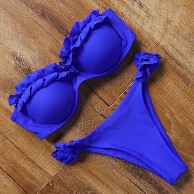 Ashley Sexy Brazilian Bandeau Push-up Bikini  Sunset and Swim Blue Ruffle L 