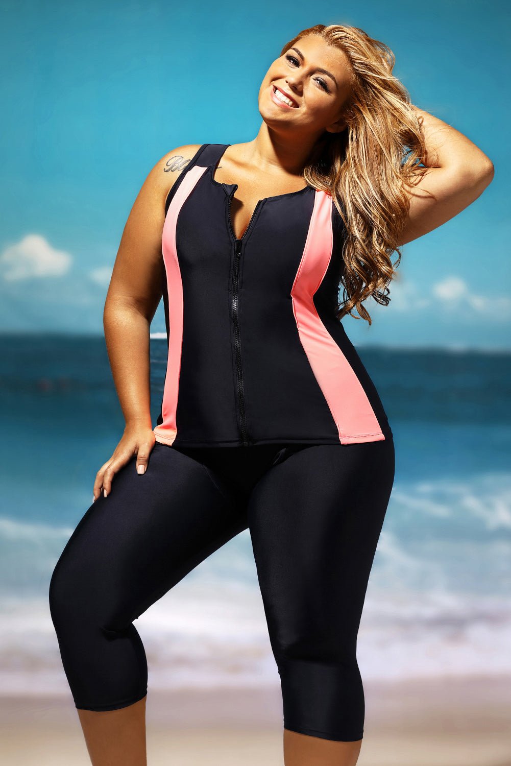 Ava Striped Elastic Waistband Two-Piece Wetsuit Plus Size Zip Up Swimsuit  Sunset and Swim   