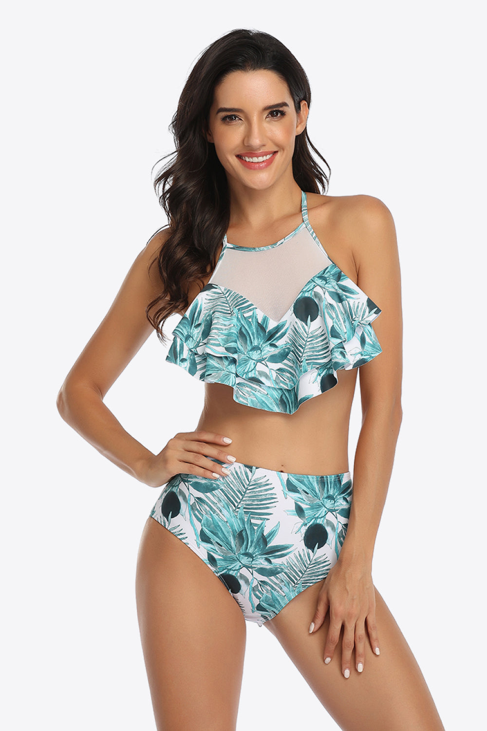 Tropical Print Ruffled Two-Piece Swimsuit Sunset and Swim Pastel  Blue S 