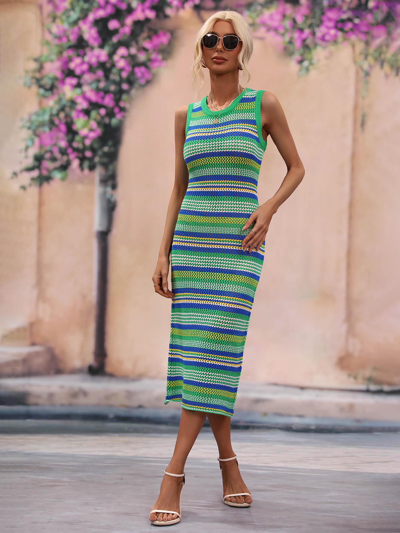 Michalina Striped Round Neck Sleeveless Midi Crochet Swimsuit Cover Up Dress  Sunset and Swim Green S 