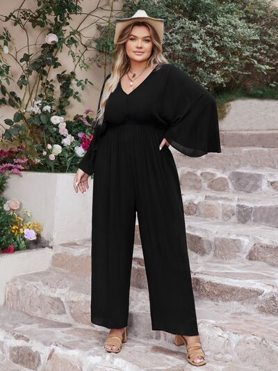 Sunset Vacation  Plus Size V-Neck Long Sleeve Wide Leg Jumpsuit Sunset and Swim   