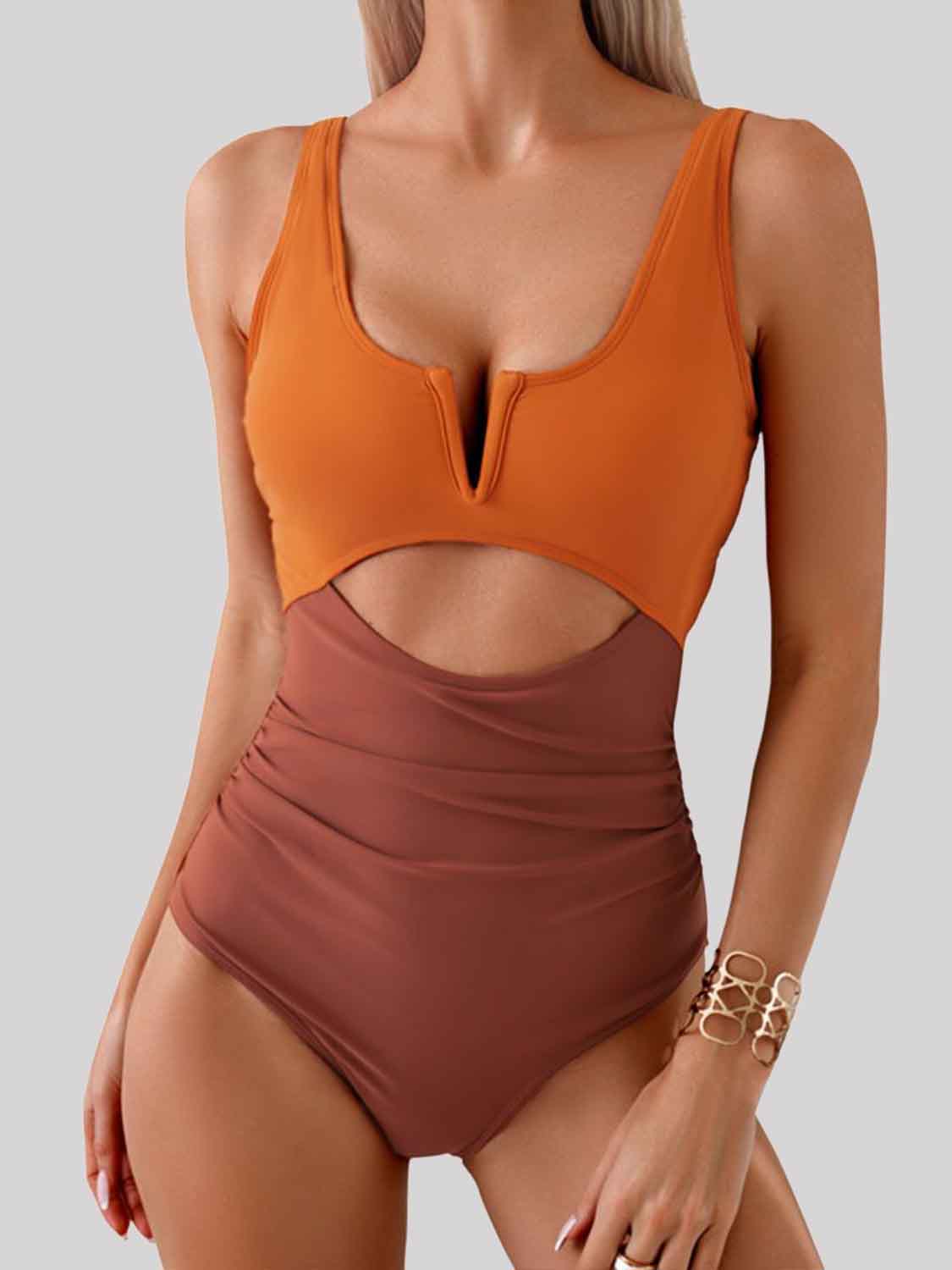 Sunset VCAY  Tied Cutout Contrast One-Piece Swimwear Sunset and Swim Chestnut S 