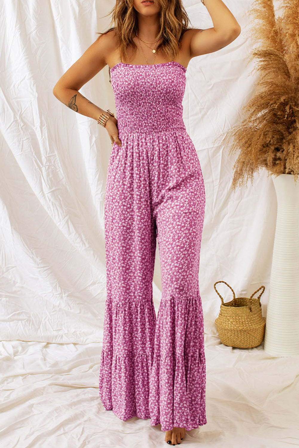 Sunset Vacation  Smocked Printed Wide Strap Jumpsuit Sunset and Swim Cerise S 