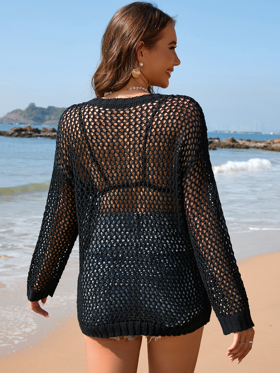 Sunset Vacation  Openwork Dropped Shoulder Cover Up  Sunset and Swim   