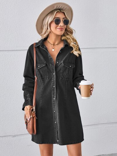 Pocketed Dropped Shoulder Mini Denim Dress Sunset and Swim Black S 