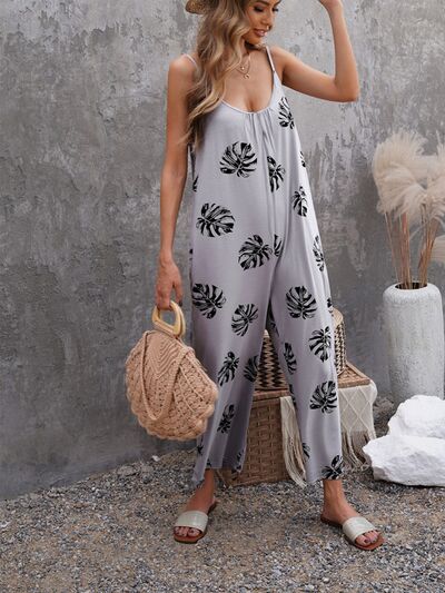 Printed Spaghetti Strap Jumpsuit with Pockets Sunset and Swim Heather Gray S 