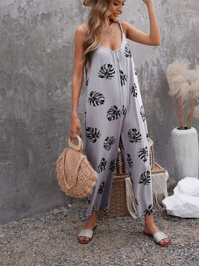 Printed Spaghetti Strap Jumpsuit with Pockets  Sunset and Swim Heather Gray S 