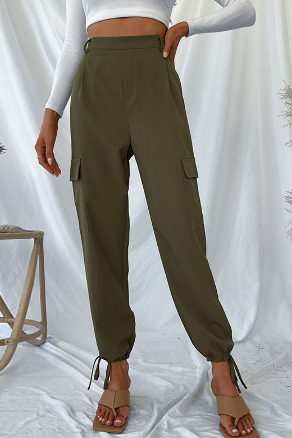 Drawstring Ankle Cargo Pants  Sunset and Swim Army Green S 