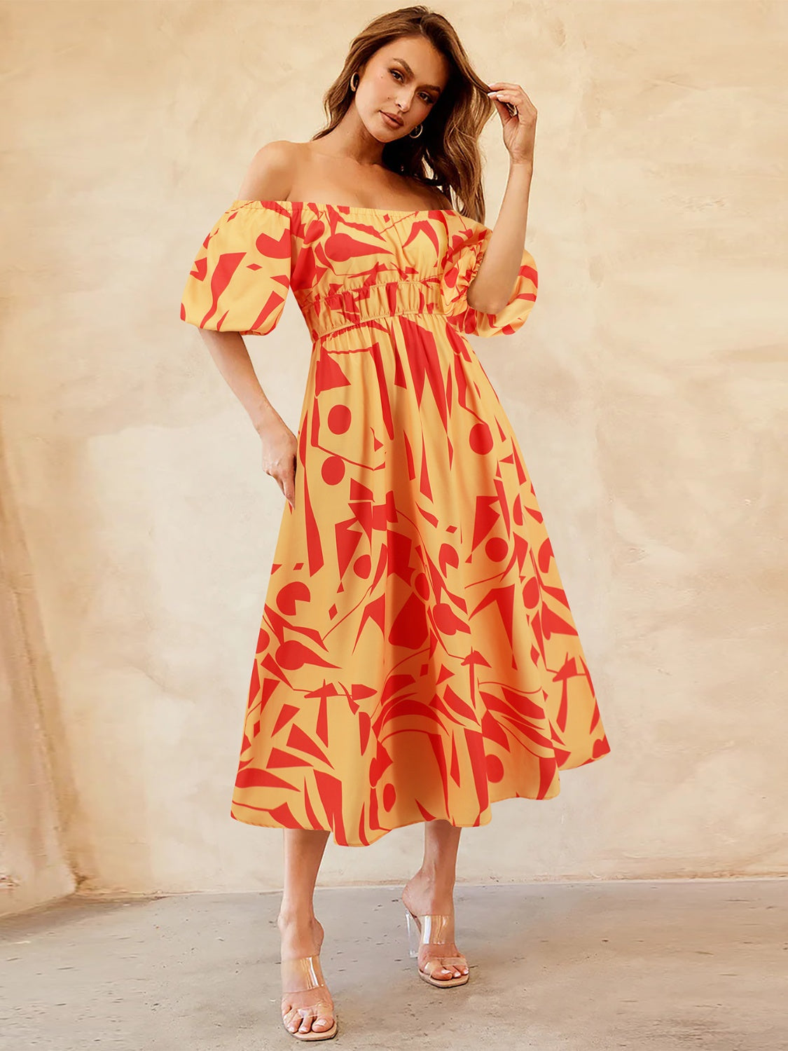 Sunset Vacation  Printed Off-Shoulder Balloon Sleeve Dress Sunset and Swim Red Orange S 