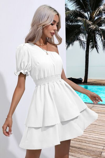 Layered Single Shoulder Flounce Sleeve Mini Dress Sunset and Swim   