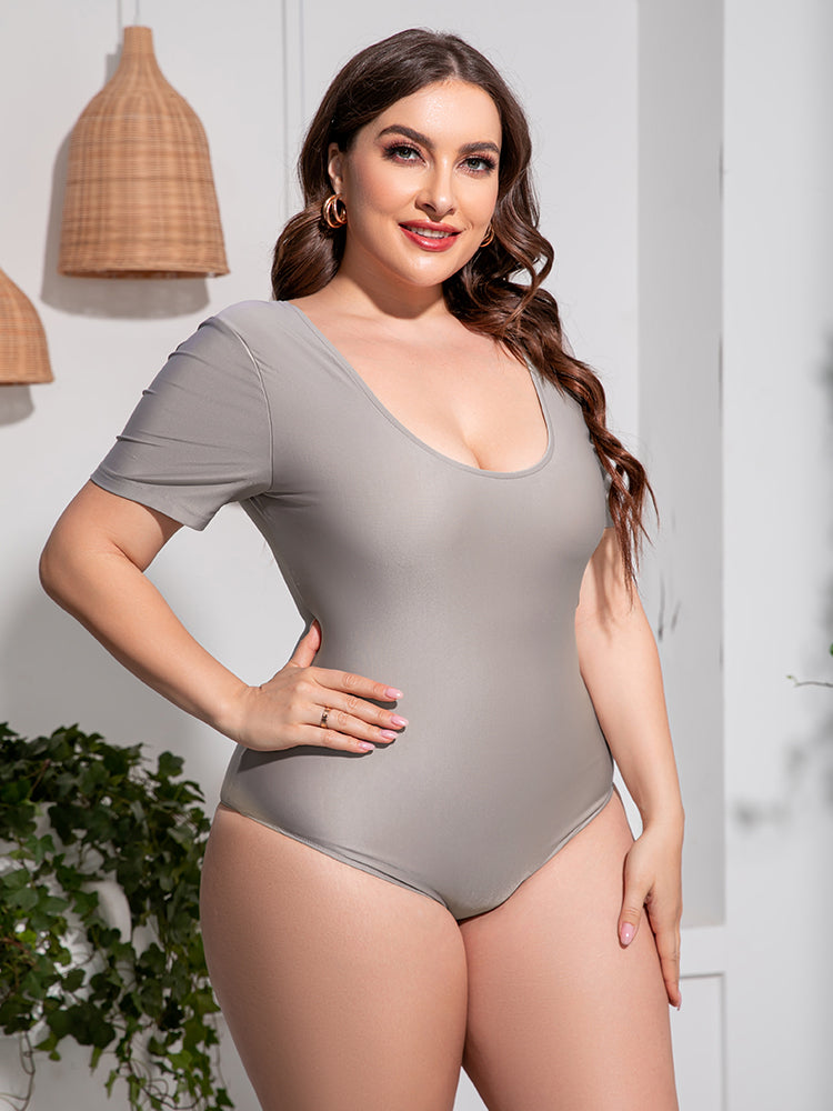 Plus Size Scoop Neck Short Sleeve One-Piece Swimsuit Sunset and Swim   