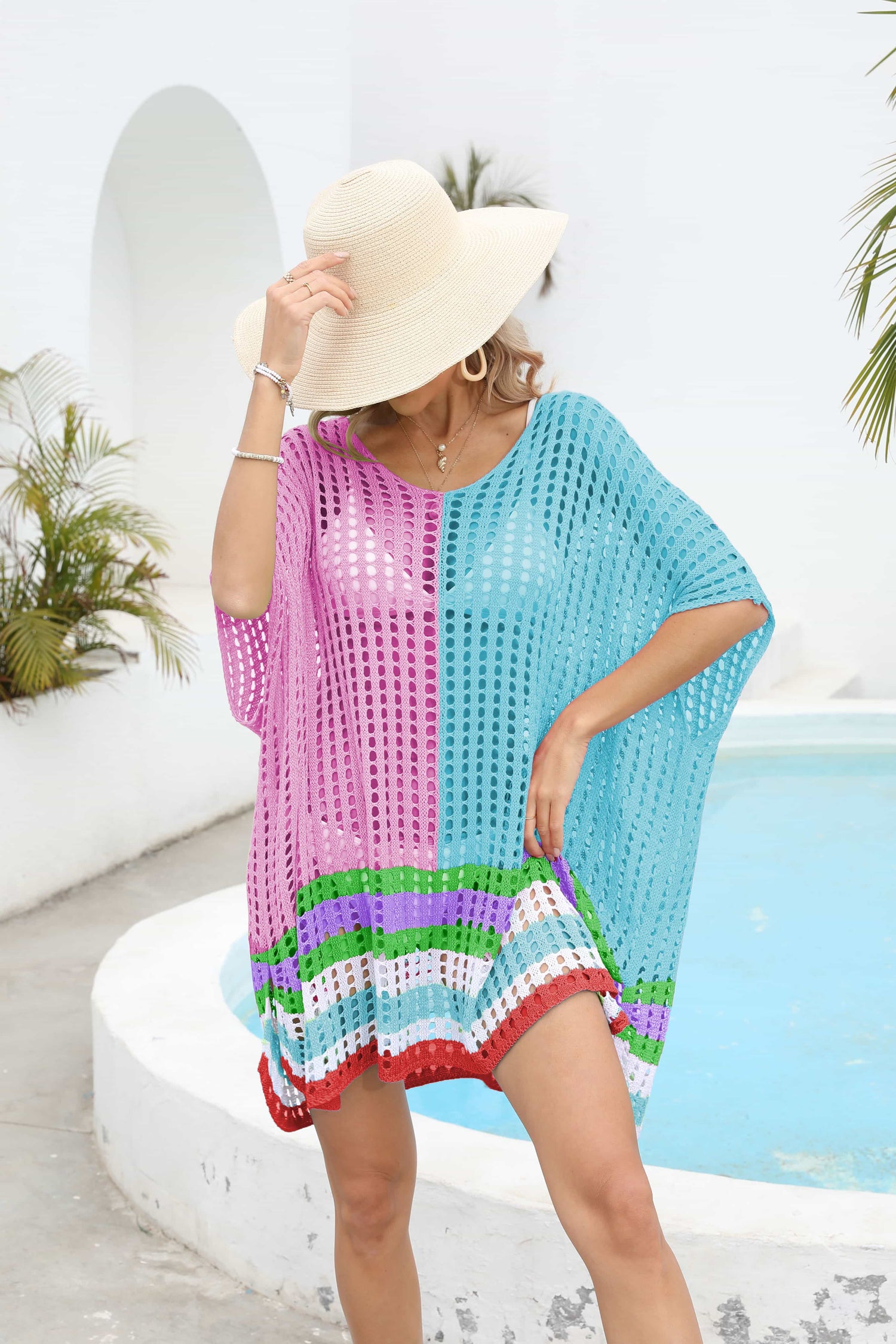 Sunset and Swim Contrast Scoop Neck Openwork Half Sleeve Swimsuit Coverup  Sunset and Swim Fuchsia Pink One Size 