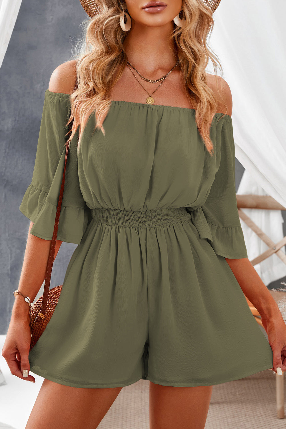 Off-Shoulder Smocked Waist Flounce Sleeve Romper  Sunset and Swim Army Green S 