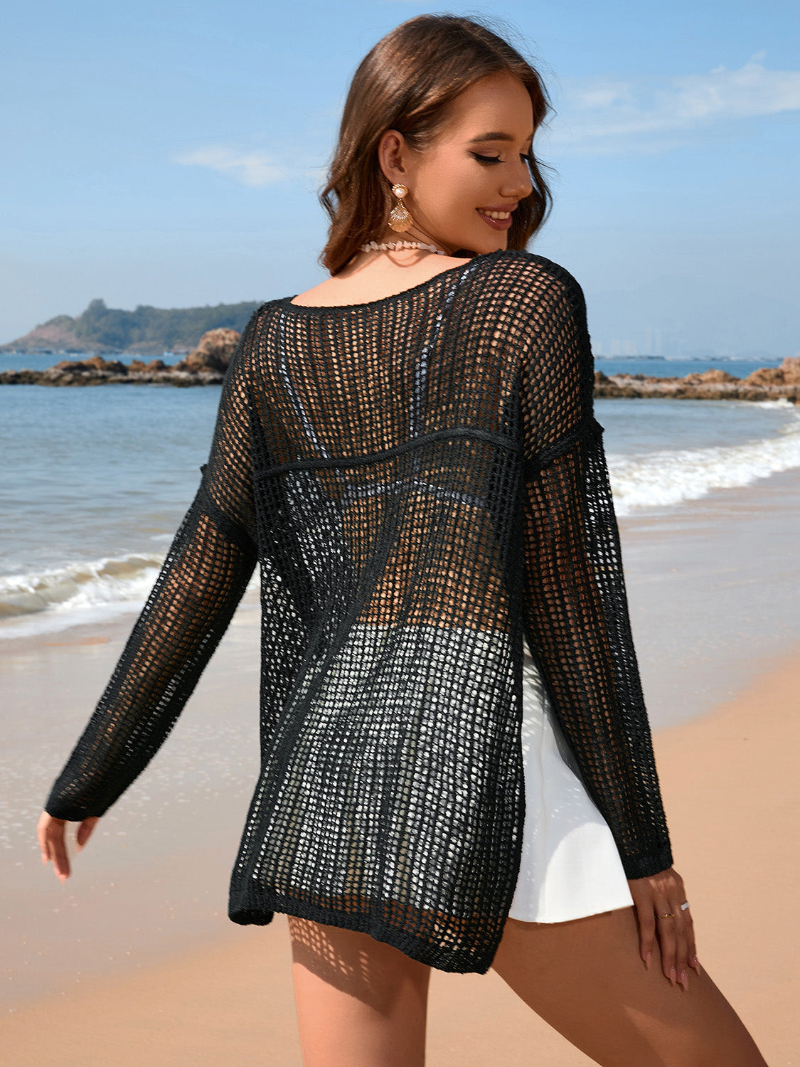 Sunset Vacation  Openwork Slit Boat Neck Long Sleeve Cover-Up  Sunset and Swim   
