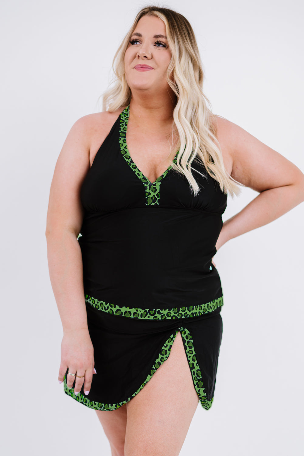 Plus Size Leopard Halter Neck Two-Piece Swimsuit  Sunset and Swim Green 1X 