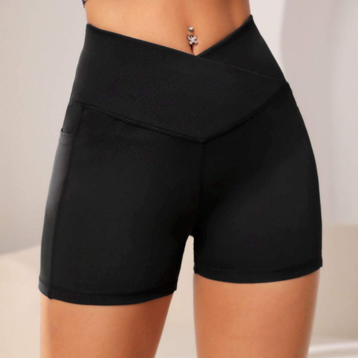 Wide Waistband Active Shorts with Pocket  Sunset and Swim Black S 