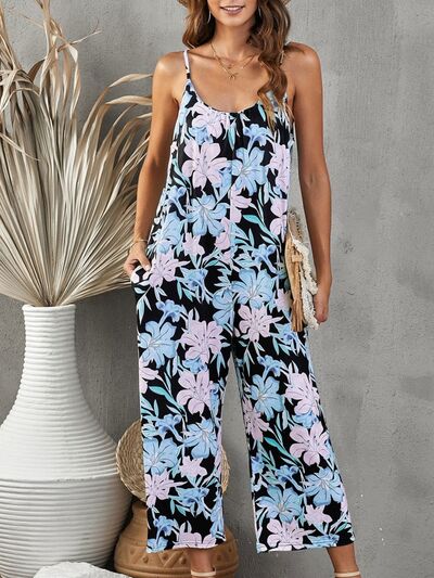 Printed Spaghetti Strap Jumpsuit with Pockets Sunset and Swim Ultra marine S 