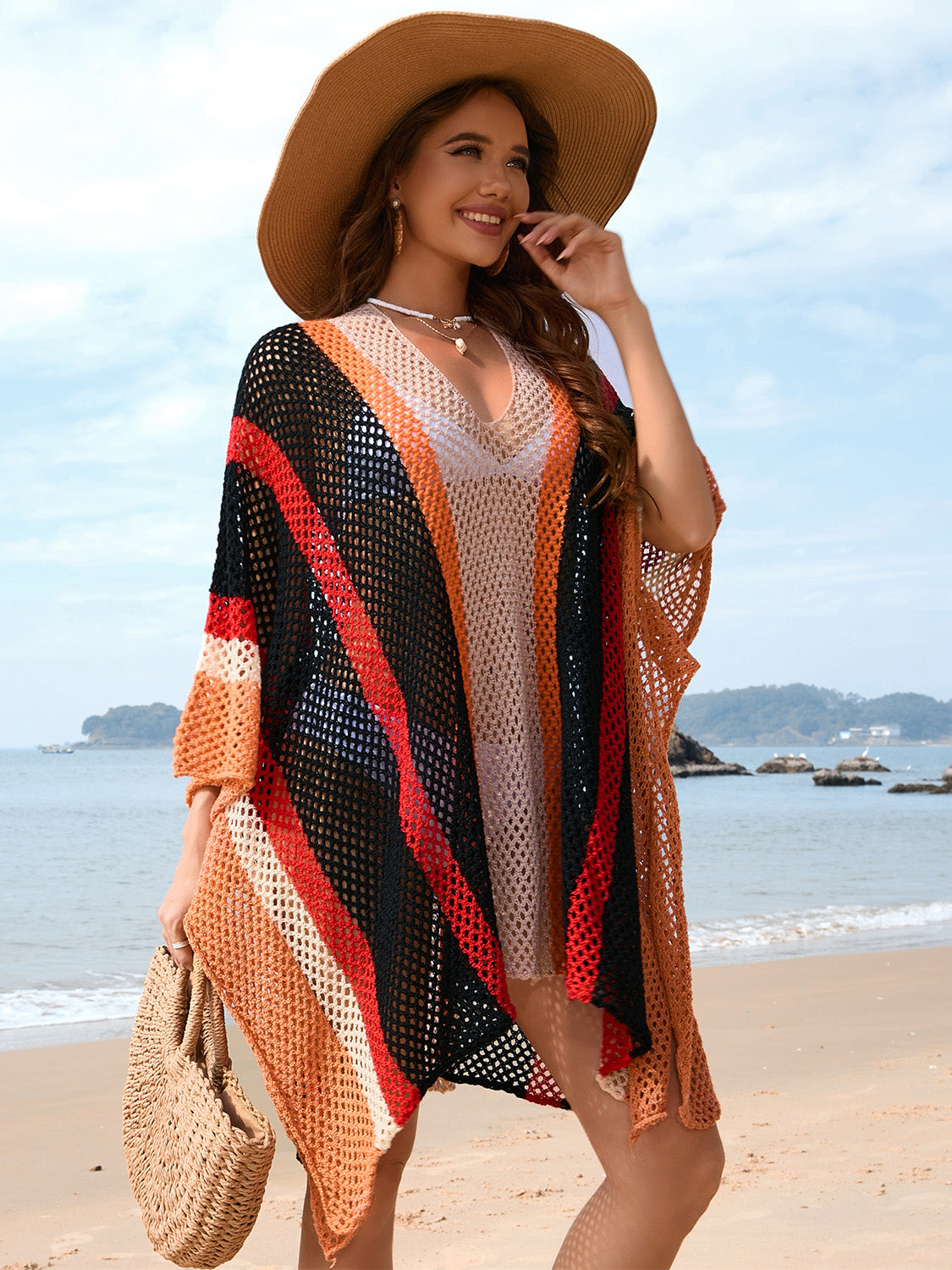 Sunset Vacation  Openwork Color Block Plunge Cover-Up Sunset and Swim   
