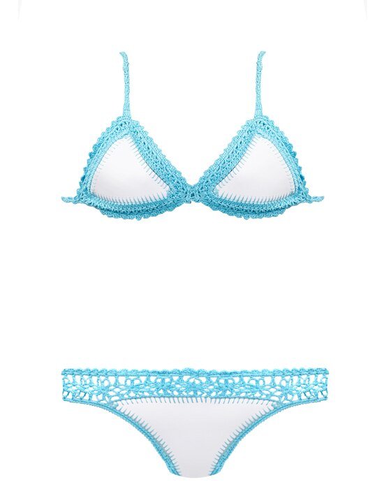 Bahamas Neoprene Crochet Brazilian Bikini  Sunset and Swim White with blue Small in USA size 