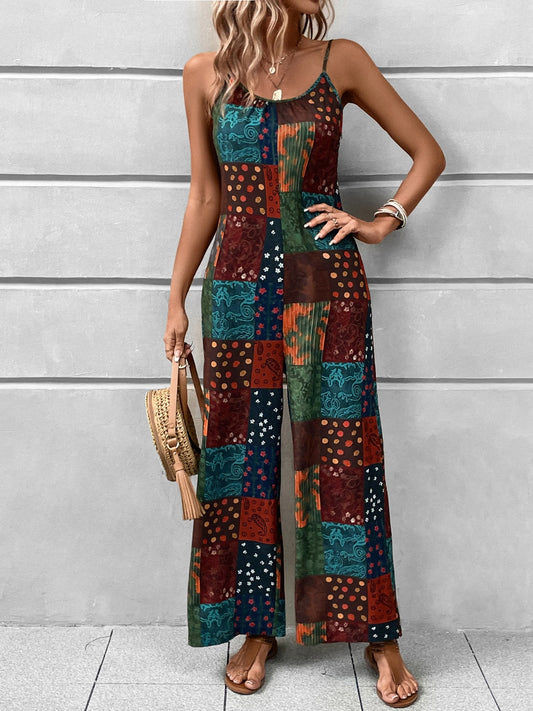 Sunset Vacation  Printed Scoop Neck Spaghetti Strap Jumpsuit Sunset and Swim Multicolor S 