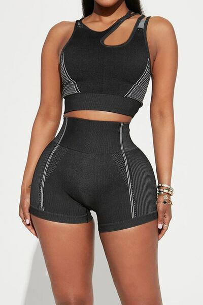 Asymmetrical Neck Striped Tank and Shorts Active Set  Sunset and Swim   