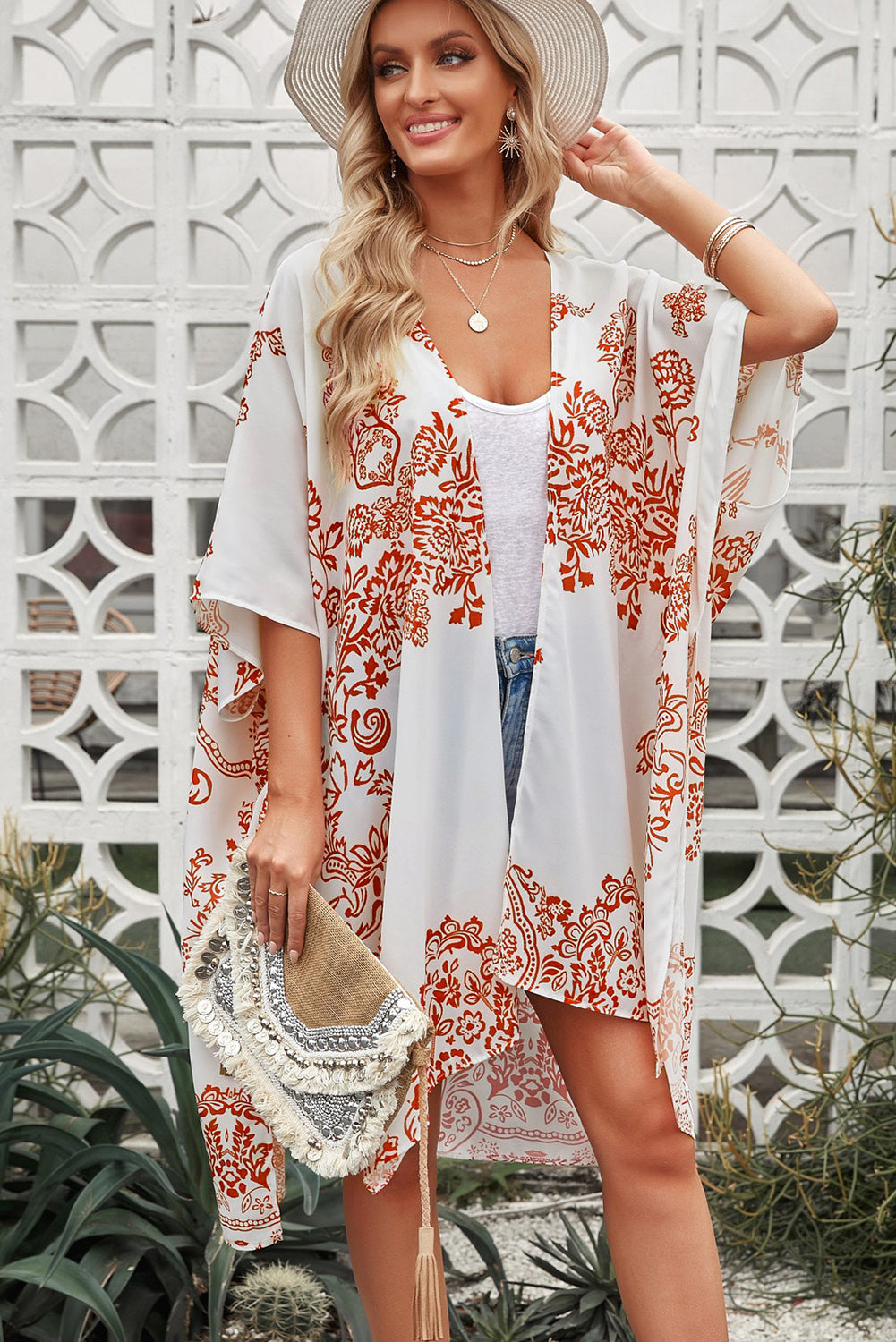 Floral Side Slit Cover Up  Sunset and Swim White One Size 