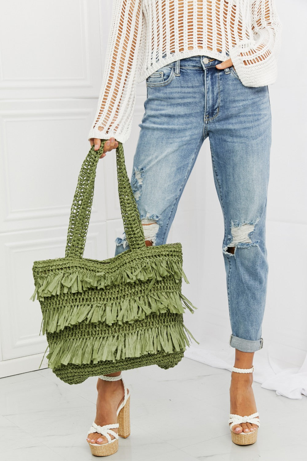 Fame The Last Straw Fringe Straw Tote Bag Sunset and Swim Olive One Size 