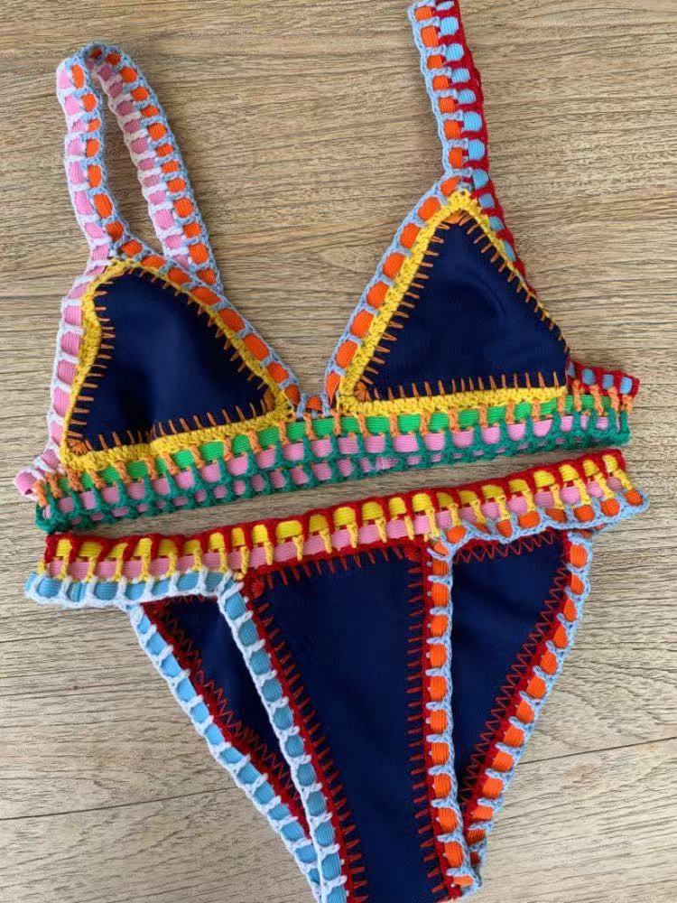 Beach Goddess Sexy Triangle Crochet Neoprene Bikini  Sunset and Swim One Set Dark Blue S 