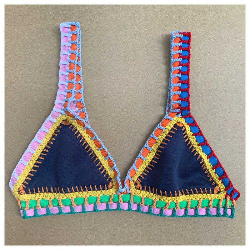 Trendy Reversible Neoprene Crochet Banded Triangle Bikini Set