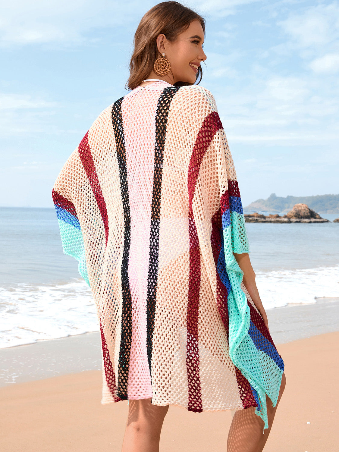 Sunset Vacation  Openwork Color Block Plunge Cover-Up Sunset and Swim   