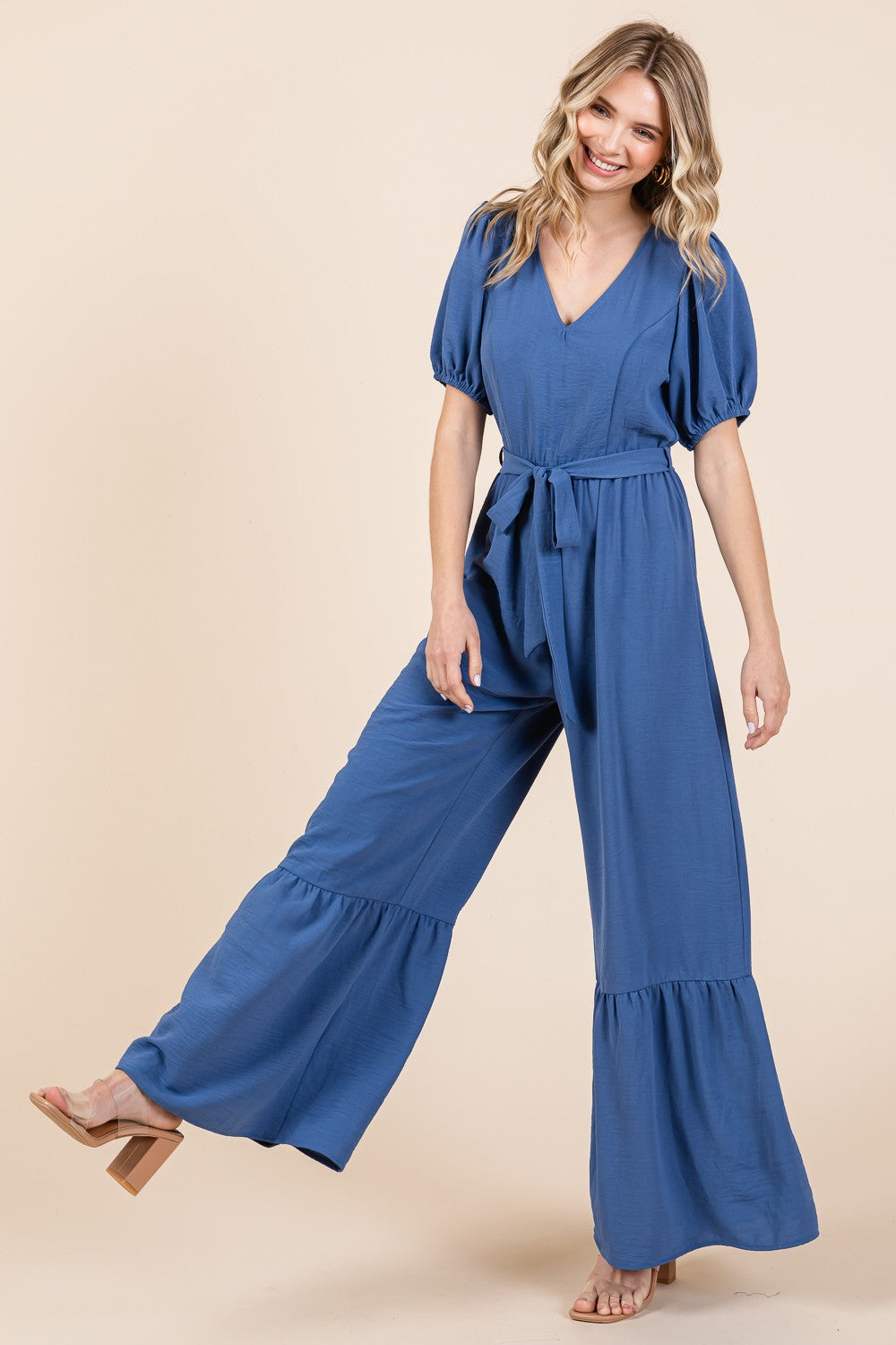 Sunset Vacation  GeeGee Full Size V-Neck Belted Wide Leg Jumpsuit Sunset and Swim   