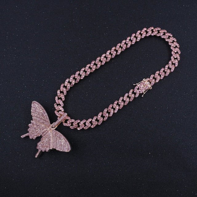 Big size Butterfly pendant  Sunset and Swim Rose With PinkStone 12mm Cuban 18inch