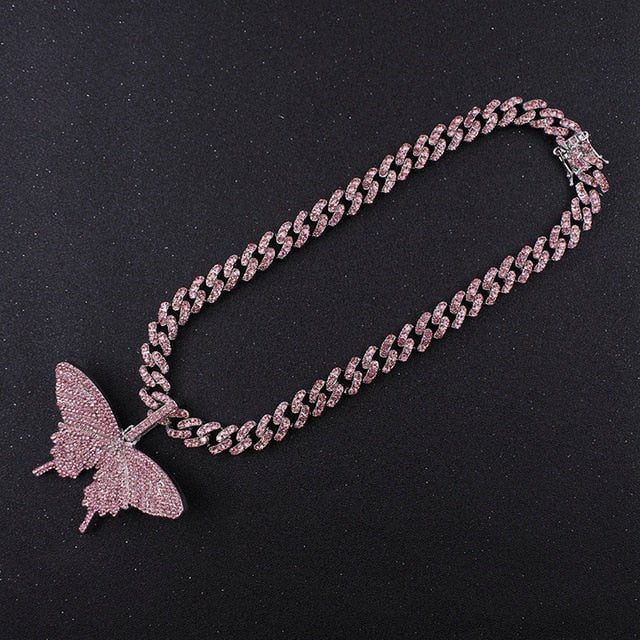 Big size Butterfly pendant  Sunset and Swim Silver ColorWithPink 12mm Cuban 20inch