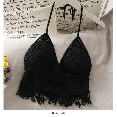 Boho Bohemian Summer Crochet Top Bikini Top Built in Bra  Sunset and Swim a black One Size 