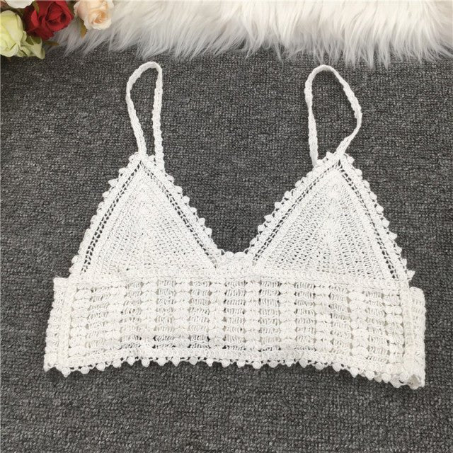 Boho Bohemian Summer Crochet Top Bikini Top Built in Bra  Sunset and Swim c white One Size 
