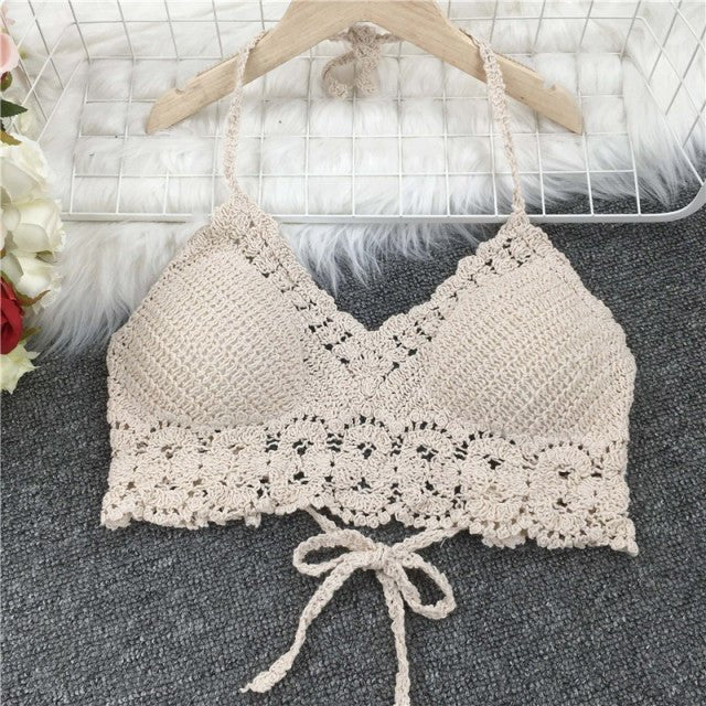 Boho Bohemian Summer Crochet Top Bikini Top Built in Bra  Sunset and Swim f apricot One Size 