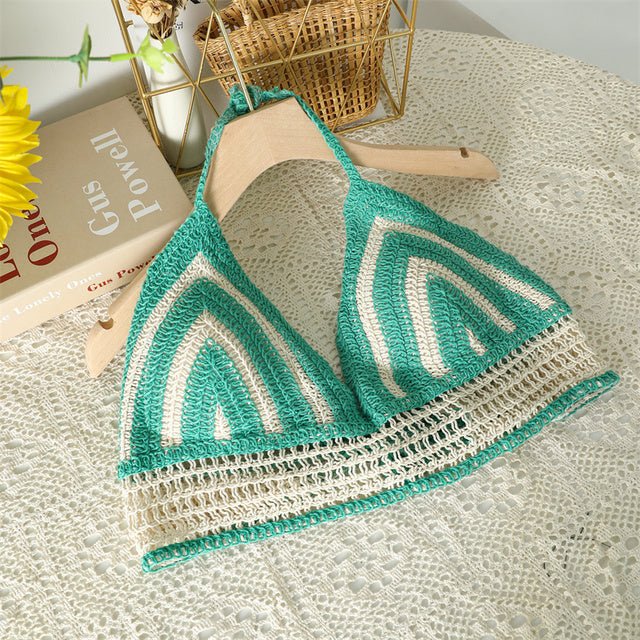 Boho Bohemian Summer Crochet Top Bikini Top Built in Bra  Sunset and Swim m green One Size 