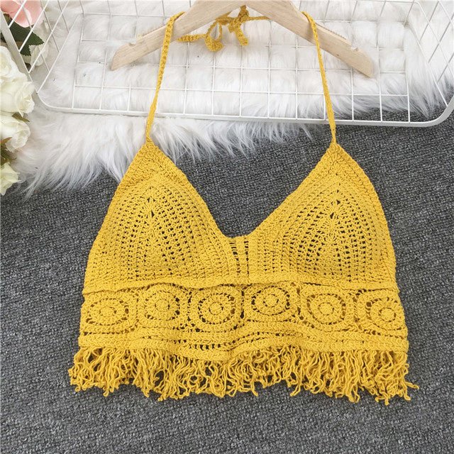 Boho Bohemian Summer Crochet Top Bikini Top Built in Bra  Sunset and Swim a yellow One Size 