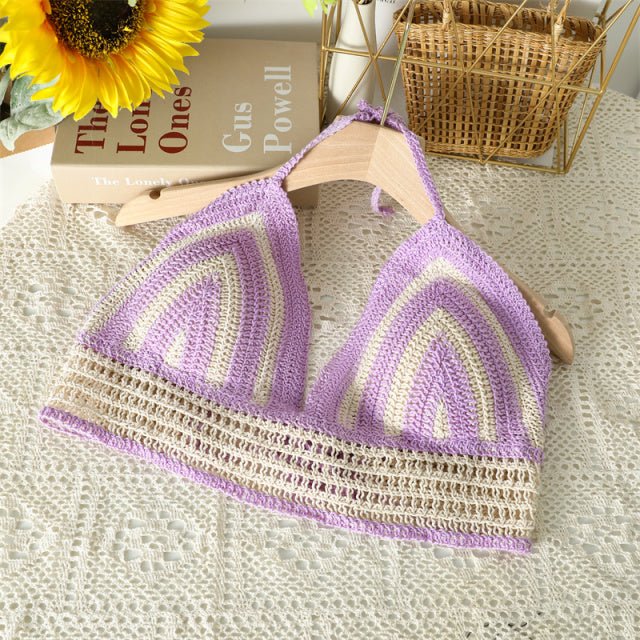 Boho Bohemian Summer Crochet Top Bikini Top Built in Bra  Sunset and Swim m purple One Size 