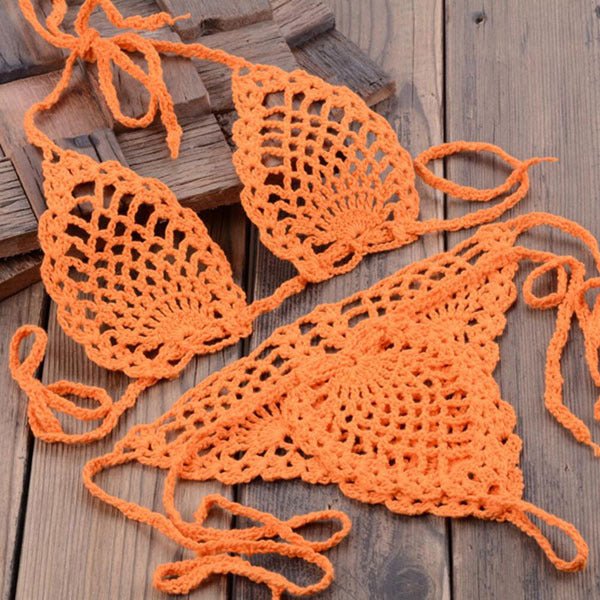 Boho Bliss Handmade Crochet Micro Thong Bikini Set  Sunset and Swim Orange S 