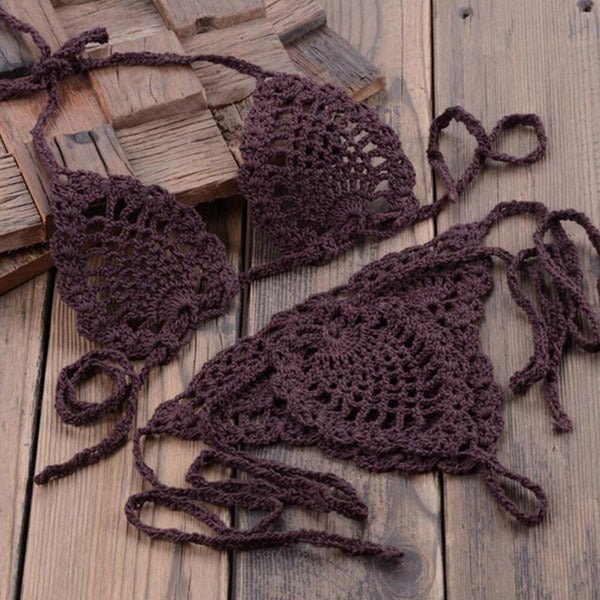 Boho Bliss Handmade Crochet Micro Thong Bikini Set  Sunset and Swim Coffee S 