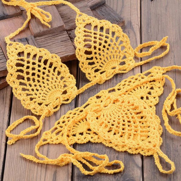 Boho Bliss Handmade Crochet Micro Thong Bikini Set  Sunset and Swim Yellow S 