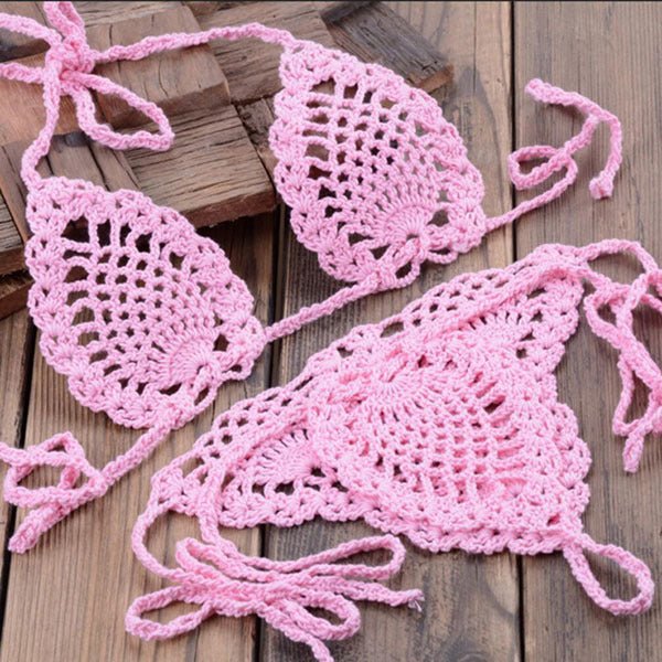 Boho Bliss Handmade Crochet Micro Thong Bikini Set  Sunset and Swim Pink S 