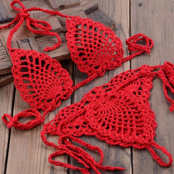 Boho Bliss Handmade Crochet Micro Thong Bikini Set  Sunset and Swim Red S 