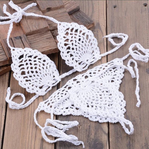 Boho Bliss Handmade Crochet Micro Thong Bikini Set  Sunset and Swim White S 