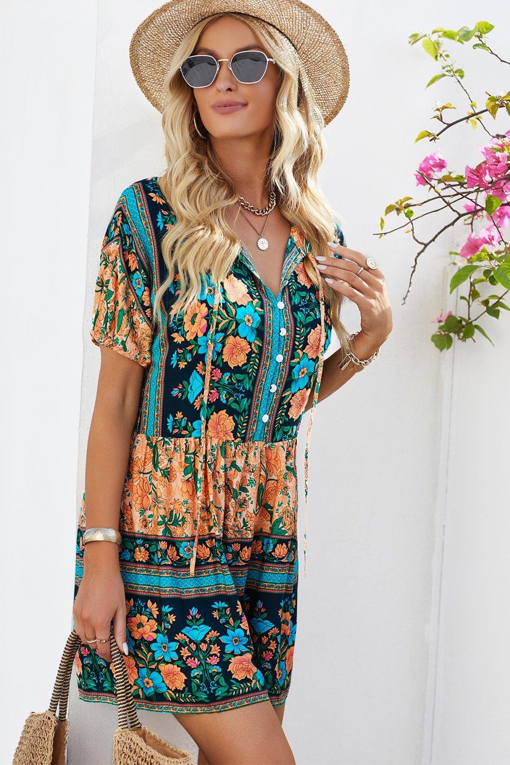 Boho Floral Multicolored Tie-Neck Romper  Romper dress Playsuit Short rompers for women  Sunset and Swim   