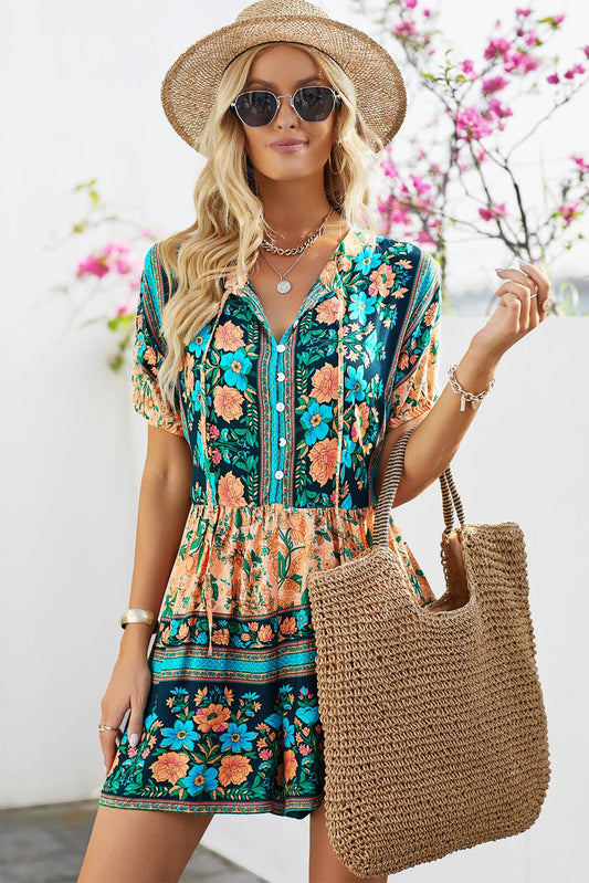 Boho Floral Multicolored Tie-Neck Romper  Romper dress Playsuit Short rompers for women  Sunset and Swim Multicolor S 