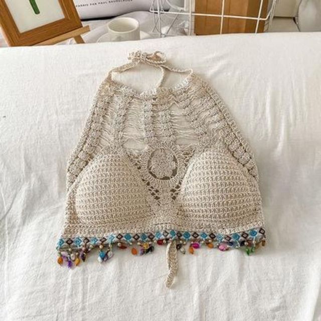 Boho Tassel Sexy Crochet Bikini Top  Sunset and Swim beige 20 One Size 