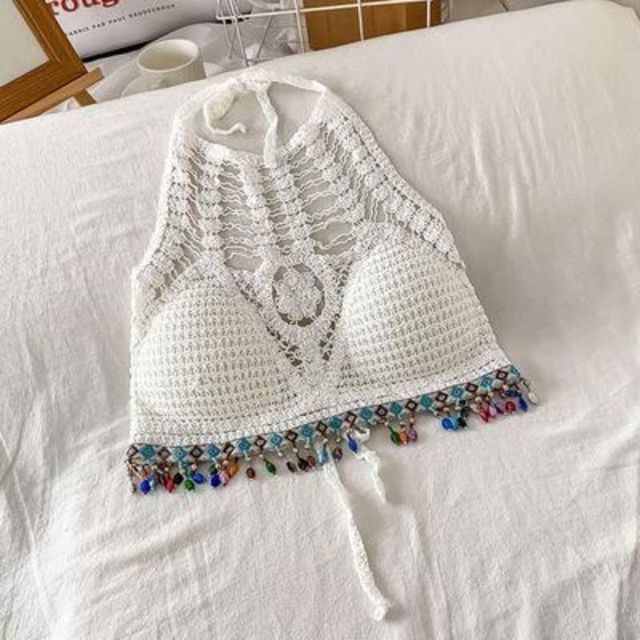 Boho Tassel Sexy Crochet Bikini Top  Sunset and Swim white 20 One Size 